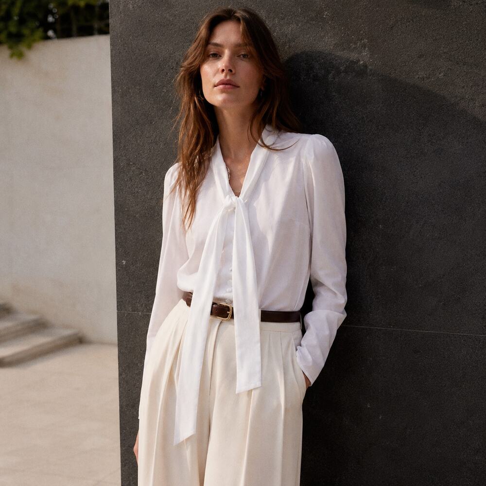 Madewell V-Neck Button-Front Top Style NY535 Womens M White Long Sleeve NeckTie